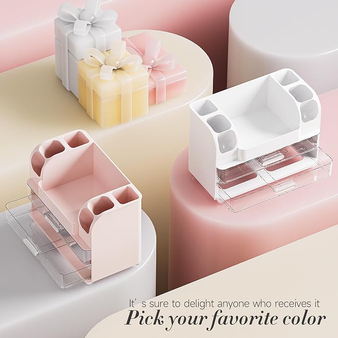 Delamu Large Makeup Organizer Countertop with 6 Brush Holders, Pink