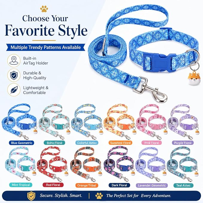 Matching Dog Collar and Leash Set with AirTag Holder-Blue Geometry/M | Anti-Lost,Adjustable Durable Pet Collar Leash Combo for Medium Boy Girl Dogs,for Outdoor Walking Hiking Training Running