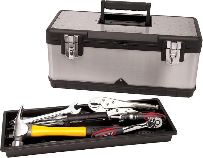Performance Tool W54020 20 in. Heavy Duty Steel Tool Box with Tray | Portable metal toolbox. Removable inner tray. Recessed ergonomic handle. Double latch with padlock eyehole