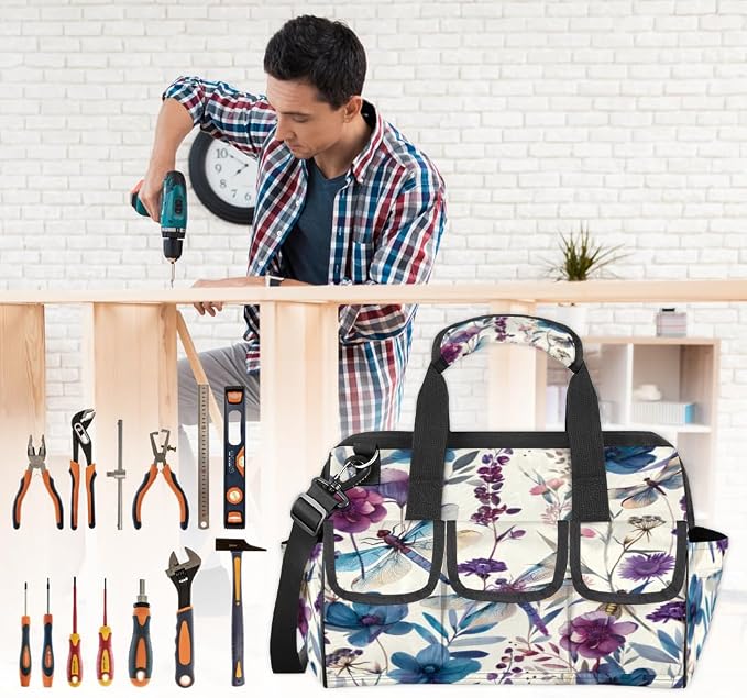 Dragonflies Flower Heavy Duty Tool Bag 14.8 Inch Dragonfly Floral Portable Soft Tool Box Organizer Storage with Adjustable Shoulder Strap