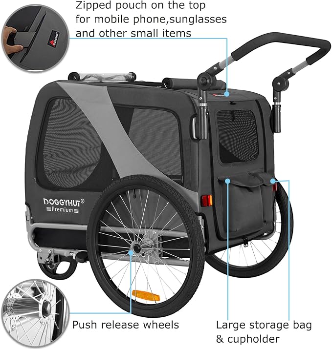 DOGGYHUT® Premium Large Pet Bike Trailer & Stroller Up to 77 lbs (Gray) | Bicycle Trailer for Small Medium or Large Dogs, Dog Bicycle Carrier, Low Center of Gravity, Folding Frame Cart