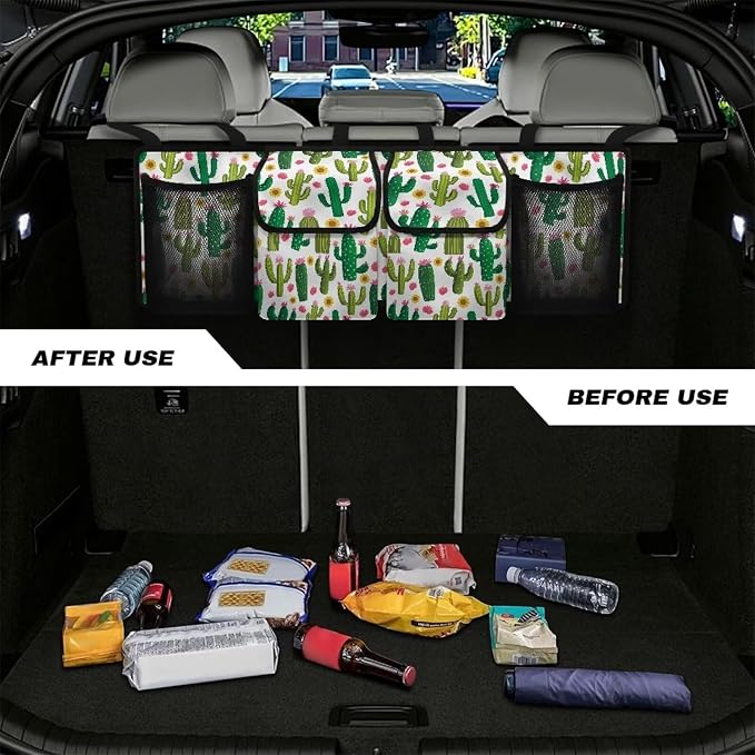 Dreaweet Green Cactus Print Trunk Organizer for Car Collapsible Car Organizers and Storage with 4 Pockets Hanging Back Seat Organizer Car Storage Accessories Interior for Women