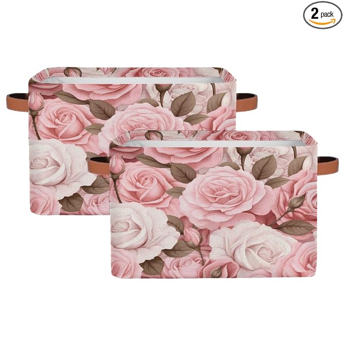 SEULIFE Floral Flower Rose Pink Foldable Storage Basket, Large Collapsible Organizer Storage Bin Cube Toys Storage Boxes with Handles for Bathroom Kids Nursery Closet Storage, 2 Pack