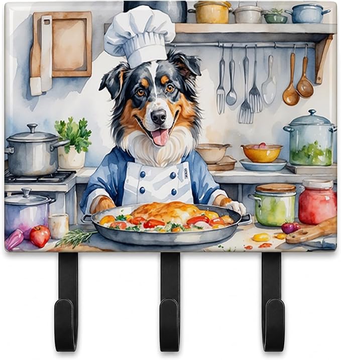 Caroline's Treasures Australian Shepherd The Chef Leash or Key Holder Wall Hooks, Key Hooks Holder, Coat Rack Wall Mount, Coat Hooks, Hooks for Hanging Keys, Towels, Aprons, Leashes | Australian Shepherd The Chef artwork on ceramic tile with three stee...