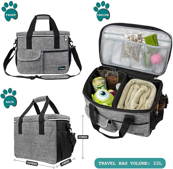 PetAmi Dog Travel Bag Organizer, Pet Supplies Tote Diaper Bag, Gray Medium | Pet Travel Kit with 2 Food Containers & 2 Collapsible Dog Bowls, Luggage Sleeve, Weekend Getaway Road Trip Camping Essentials