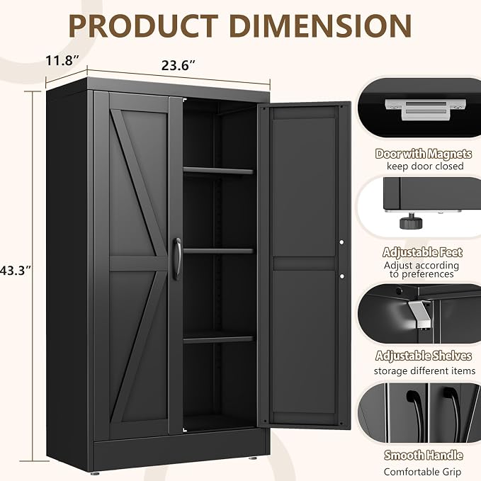 Black Metal Storage Cabinet, 43" Kitchen Pantry Cabinets for Office | Steel Kitchen Pantry Storage with Doors and 3 Adjustable Shelves, Metal Tool Cabinet, for Office, Home, Garage, School