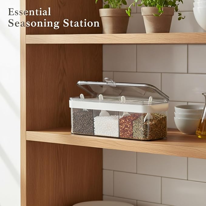 Fits Kitchen Countertops: 4-Section Spice Organizer, Durable PET Plastic Seasoning Caddy for Salt, Pepper, and Dry Herbs, Compact 13-Inch Storage Box