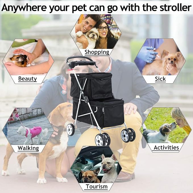 Double Dog Stroller Pet Stroller Cat Stroller for Small Medium Dogs Cats 2 Doggie Puppy or Two Kitty 4 Wheels Folding Travel Carrier Cage with Cup Holders 35LBS Capacity Pet Jogger Strolling Cart