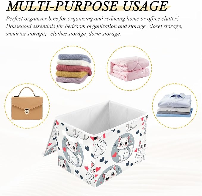 Cat Love Fabric Storage Bins with Lid Foldable Storage Boxes 40L Baskets | Foldable & Stackable, Flip Top Dust Guard, Reinforced Handles, Home & Bedroom, Clothes & Toys, Oxford Print Basket
