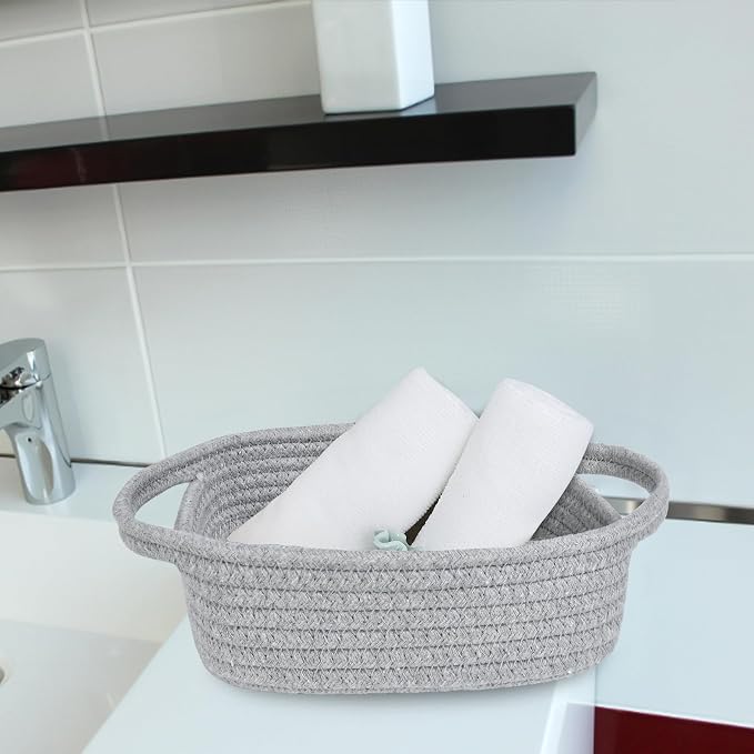 ABenkle Small Storage Basket, Mini Basket, Cute Tiny Cotton Rope Woven Basket, Shelf Basket, Boho Decorative Toy Dog Cat Basket for Nursery, Bedroom, Spa, Empty Gift Basket - XS,Grey
