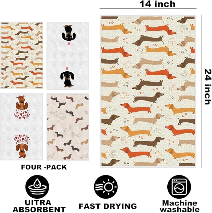 4 Pcs Dachshund Kitchen Towels 24x14 Inch, Dachshund Gifts Reusable Dish Towels for Kitchen Bathroom Decor, Waffle Weave Absorbent Hand Cloth Tea Towel, Cute Weiner Dog Gifts for Women Mom Friend