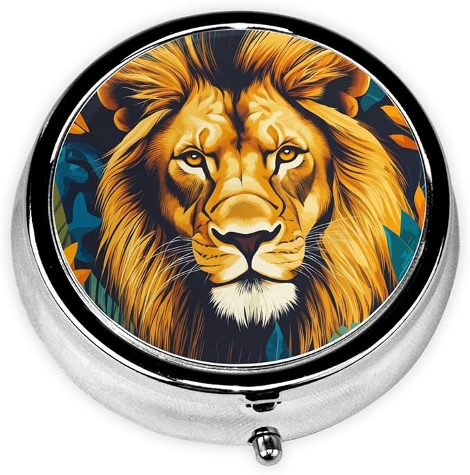 Tropical Male Lion Mane Leaf Jungle Portable Pill Organizer | 3 Compartment, With Mirror, For Men Women, For Daily Supplements, Vitamins, Fish Oil, Jewelry, Candy, Travel