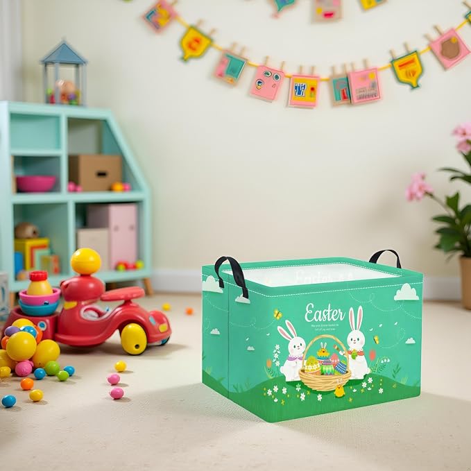 Rectangular Easter Basket for Home Kitchen Baby Girls Basket Cute Storage Bin Organizer Shelf Book Room Decor(Green Cute Bunny)