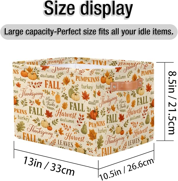 Fall Autumn Basket Storage Bins Rectangle Canvas Basket Cube Storage Box | Nursery Foldable Basket with Handle for Kids Girls Boys Toys Living Room Closet Organizer Shelf Gifts Thanksgiving Pumpkin