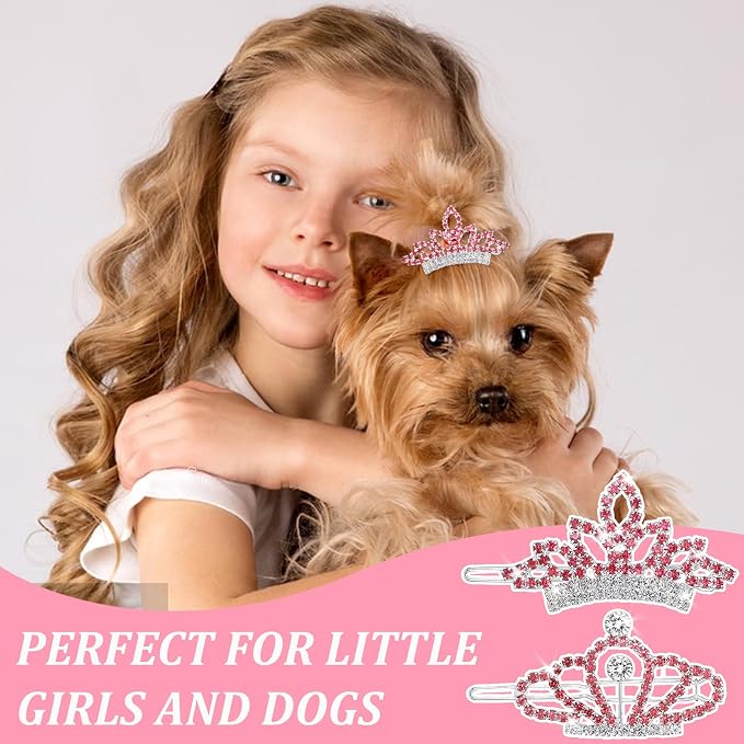 2Pcs Gem Rhinestone Dog/Cat Tiara Crown, Crystal Rhinestone Hair Accessories, Tiara Clips for Rolyal Family Costume Hair Accessories (Pink)