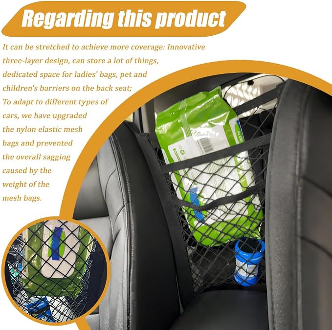 Car Mesh Organizer, Car Organizers and Storage, 3 Layer Driver Storage Netting Pouch, Auto Accessories Elastic Mesh Trunk Bag Backseat Pet Kids Barrier Universal for SUV Van Truck