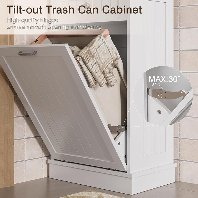 KIGOTY Tilt Out Trash Can Cabinet, Laundry Hamper Cabinet, Kitchen, White