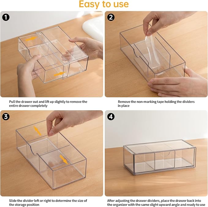 PAVSTINE Medicine Cabinet Organizer 2 Pack, Stackable Storage Drawers with Removable Divider, Make Up Organizer for Bathroom Mirror Cabinets, Vanity, Closet, Countertop - Clear