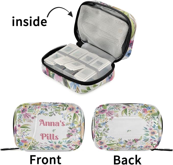 Custom Pill Box 7 Day Pill Case Bag Watercolor Flower Personalized Name Travel Pill Organizer Bag with Zipper Portable Weekly Case Compact Size for Vitamin Supplement Holder