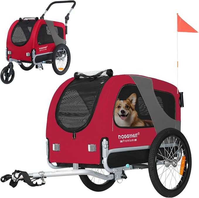 DOGGYHUT® Premium Medium Pet Bike Trailer & Stroller Up to 50 lbs (Red) | Bicycle Trailer for Small or Medium Dogs, Dog Bicycle Carrier, Low Center of Gravity, Folding Frame Cart