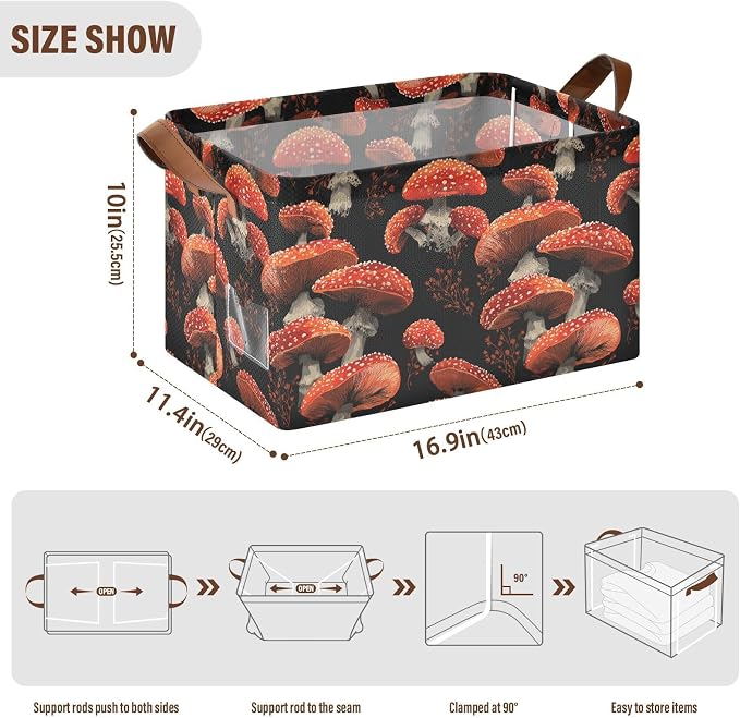Red Mushrooms Amanita Mushroom Storage Basket Foldable Cube Storage Bins with Handles&Label Waterproof Collapsible Organizer Box Bin Large Rectangle Decorative Baskets for Shelves Home Room Laundry