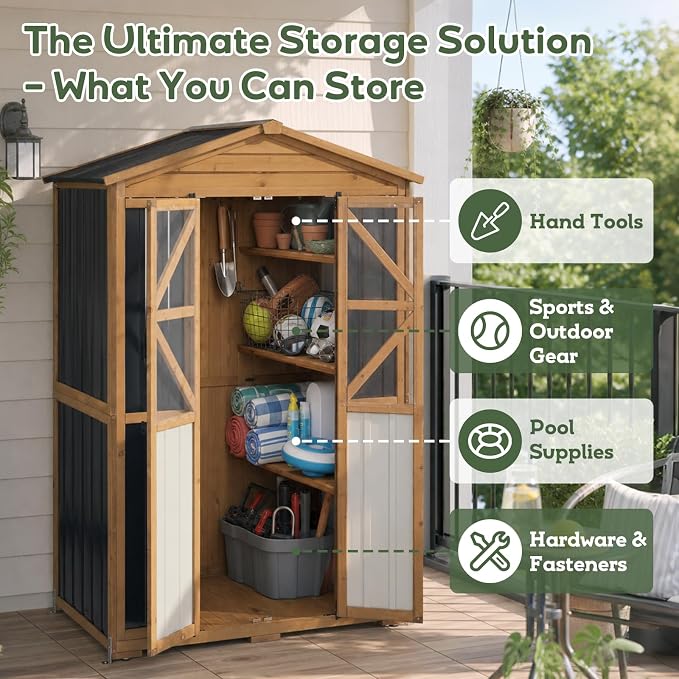 Extra Large Outdoor Storage Cabinet Weatherproof, Garden Shed with Shelves | Waterproof Asphalt Roof, 6 Adjustable Shelves & Anti-Tip Wall Brackets, Lockable Doors, 6 Hooks, for Garden, Garage, Patio