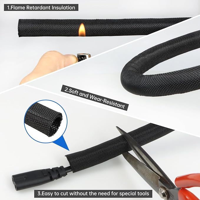 Split Braided Cable Sleeve，Flexible Wire Loom Tubing, Automotive Cord Protector Pet Proof, Cable Management for Computer TV Electric Wires Harness 16ft (Black, 5mm（3/16")