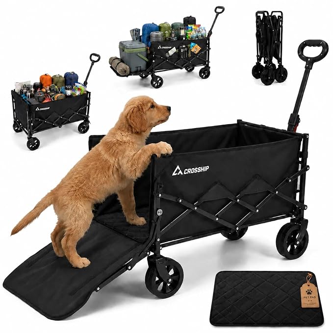 Folding Pet Wagon for Dogs - with Drop-Down Tailgate & Pet Pad | 330lbs Heavy Duty Dog Cart, All-Terrain Collapsible Wagon for Beach, Shopping & Camping, for 1 Medium or 2 Small Puppies
