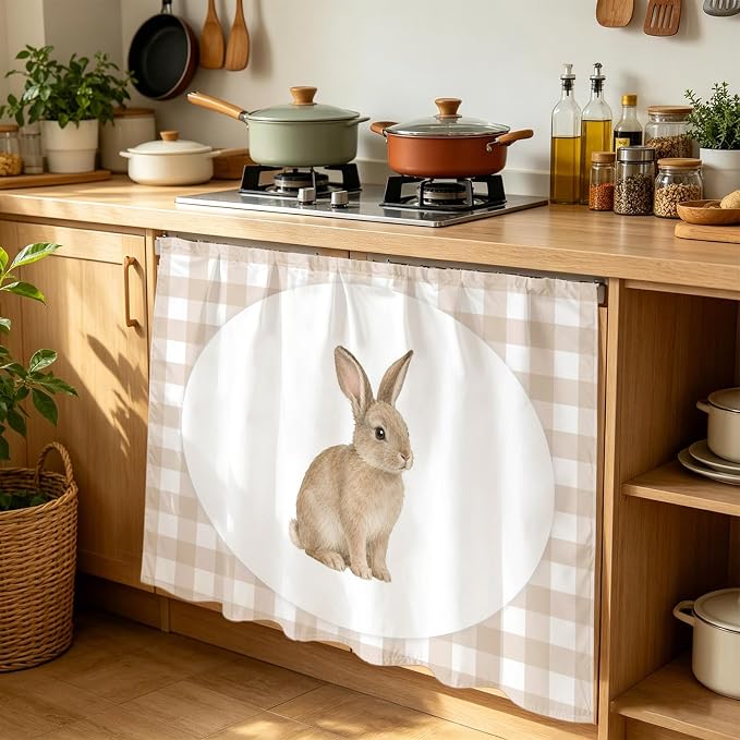 Rabbit Plaid Cabinet Dishwasher Hidden Curtains, Privacy Closet Door Curtain, Modern Farmhouse Checkered Rustic Animal Adhesive Dust Proof Under Sink Skirt for Bathroom Kitchen 35"x35"