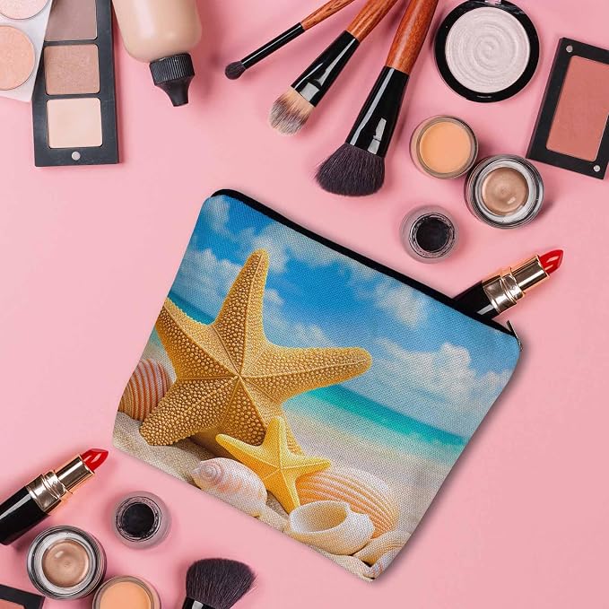 Starfish Seashell Makeup Bag - Turquoise Ocean Cosmetic Bag with Zipper for Beach, Gym, Bathroom