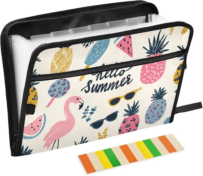 Hello Summer Playful Tropical Doodles Expanding File Folder with Sticky Labels, 13 Pockets Accordion File Folder Document Organizer Expandable Zip File Folder with Zipper Closure