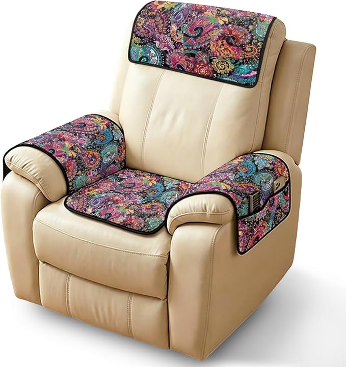 Paisley Floral Lazy Boy Recliner Chair Covers Cat Proof 4-Piece | Quilted Recliner Protectors with Pockets Non Slip Washable Elegant Chair Cover for Pet Kids Living Room Office