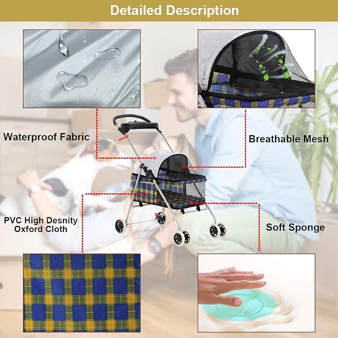 HGS Pet Cat Dog Stroller 4 Wheels Jogger Puppy Travel Carrier Portable Doggie Cage Strolling Cart with Cup Holders, 35Lbs Capacity Folding Waterproof for Medium Dogs Cats Pet, Yellow Plaid