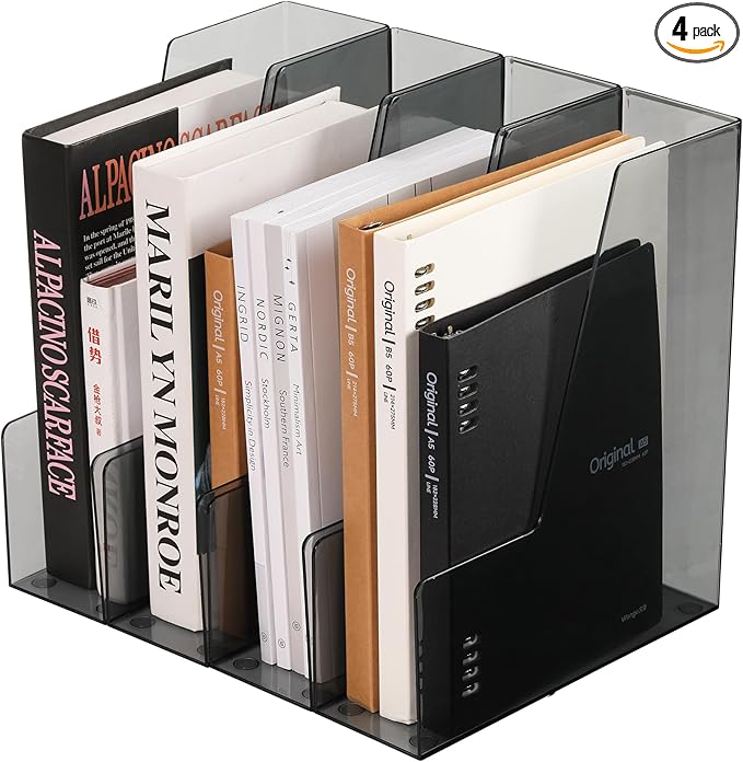 CiWiVOKi Vertical File Holder, PET Desk Organizer and Storage Bins Holding for Magazines, Binders, Notebooks, Envelopes, Papers, Multi-purpose Plastic Document Organizer for Home Office, Black, 4 Pack