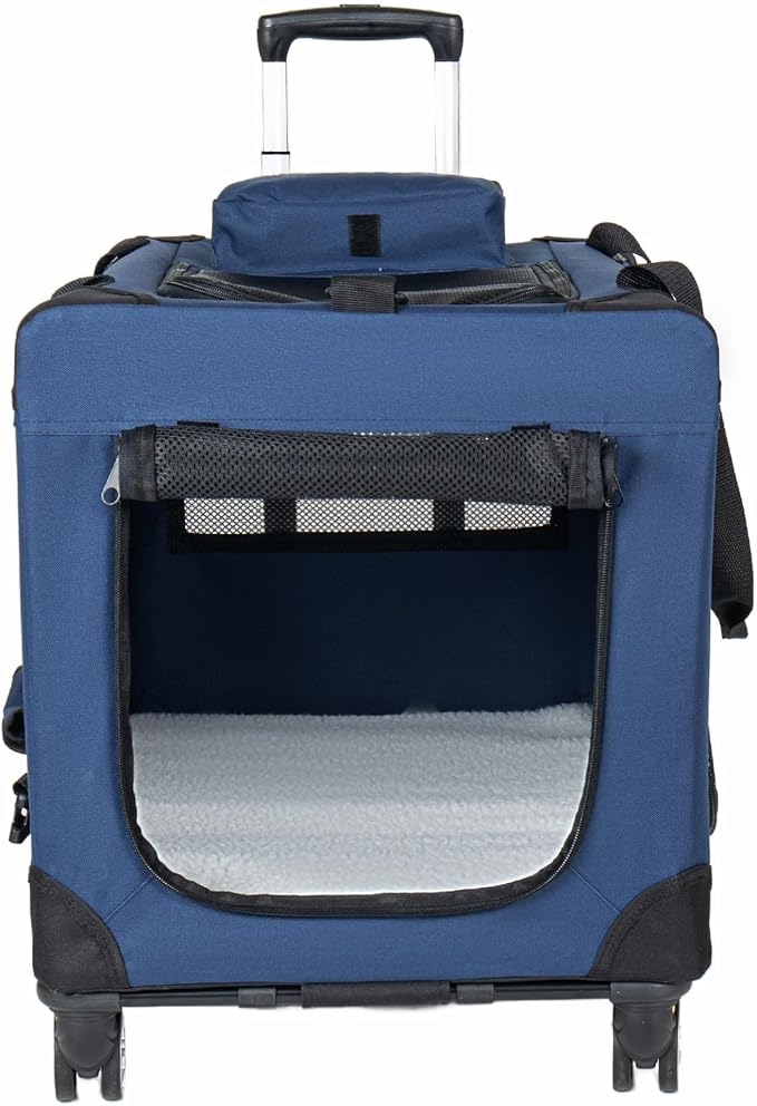 2 in 1 Rolling Dog Crate with Wheels, 24'' Collapsible Travel Pet Carrier for Medium Large Dogs, Portable Folding Kennel with 3-Door Design & Mesh Windows (Dark Blue + 28'')