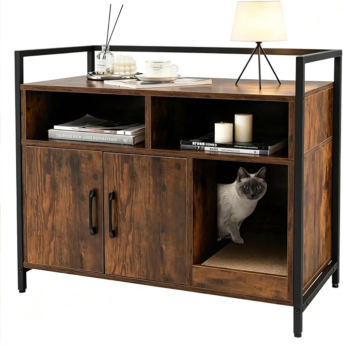 GIANTEX Cat Litter Box Enclosure, Hidden Cat Cabinet Furniture, Dog-Proof | Scratch Pad, Front Entry, Double Doors, 2-Compartment Storage, Wooden Pet House Washroom End Side Table for Living Room