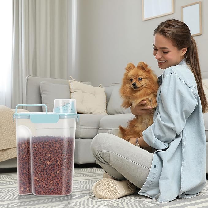 5-7LBS Dog Cat Storage Container Portable with Upgraded Large Spout and Cup, Plastic Pet Food Dispenser for Small Animal Kibble, Bird Seed, Oatmeal, Rice, Flour, Brown Sugart-2 Pack Light blue