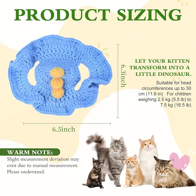 Dinosaur Cat Hat, Cotton & Soft Cute Knitted Hats for Cats Birthday Party Spring Puppy Hat for Small Pets (Blue,M)