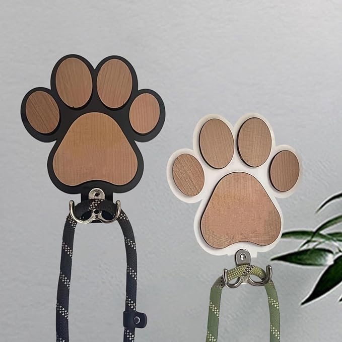 2 Pieces Dog Leash Holder Wall Mount Organizer Wooden Double Hooks Pet Collars Hanger Paw Print Key Rack Suitable for Room Home Organization