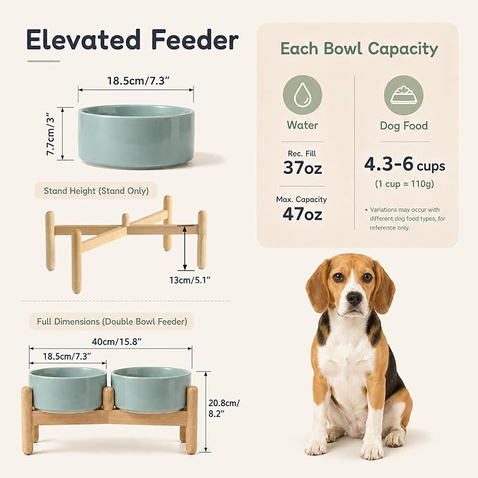Havniva Ceramic Dog Bowls Elevated, Raised Dog Food Bowl for Medium Dogs | 7.3” Elevated Dog Bowls, Non-Slip Wood Stand, Dog Food and Water Bowl Set, Dog Feeding Dish, Large Capacity Pet Water Bowl