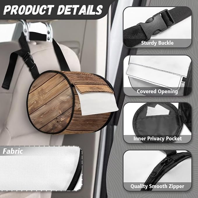 Rustic Wood Grain Paper Towel Holder Water Resistant Tissue Dispenser with Adjustable Strap,Versatile Cylinder Hanging Toilet Paper Roll Holder for Kitchen,Bathroom,Car Seat,Camping