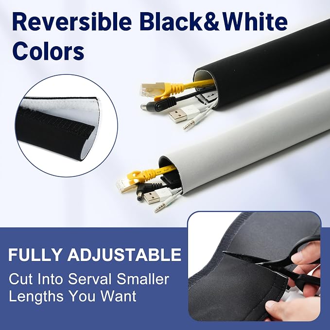 CableGeeke Cable Management Sleeve, 3.3ft (40 inch) - 1.5 inch | Hook-and-Loop Cuttable Neoprene, Split Reversible Sleeve for TV, USB, PC and Ethernet Cables, Protect Pets Kids