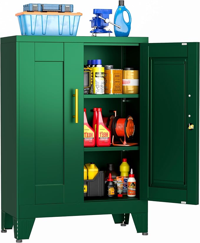 Small Metal Storage Cabinet, Lockable Tool Cabinet with Doors and 2 Shelves | Compact 23.6-Inch Width, 2 Adjustable Shelves, Locking Doors, Magnetic Closure, Adjustable Feet, Cold-Rolled Steel