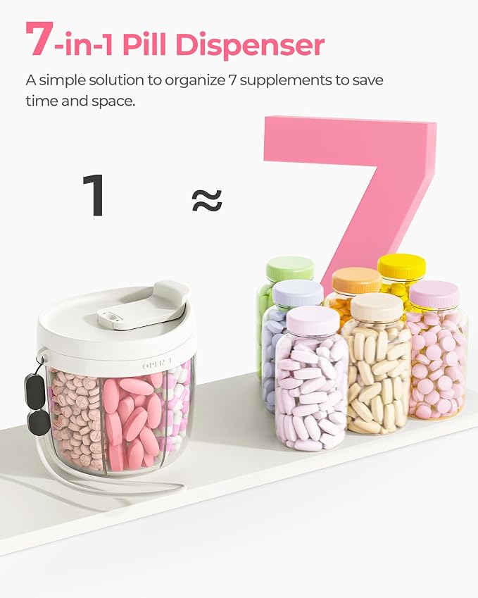 AMOOS Cute Pill Dispenser with Anti-Mix Design, 7-Slot, BPA-Free, Patented | Portable Travel Pill Organizer, Wide Mouth for Easy Access, Pill Bottle Organizer for Vitamins, Fish Oils, Supplements, White