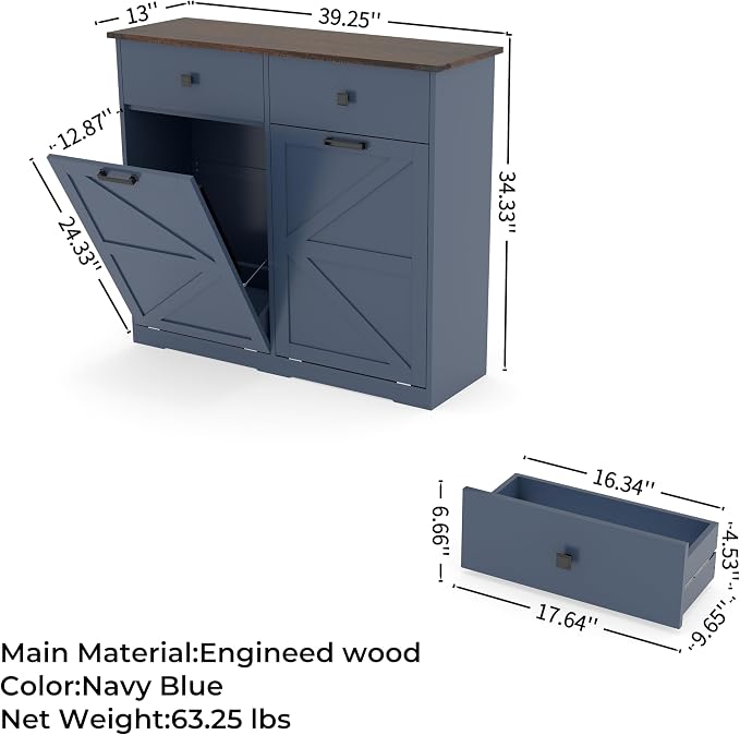 Double Tilt Out Trash Can Cabinet for 20 Gallon,Hidden Dual Laundry Cabinets with 2 Drawers & 2 Baskets, Barn Door Style Garbage Cabinet for Kitchen (Blue)
