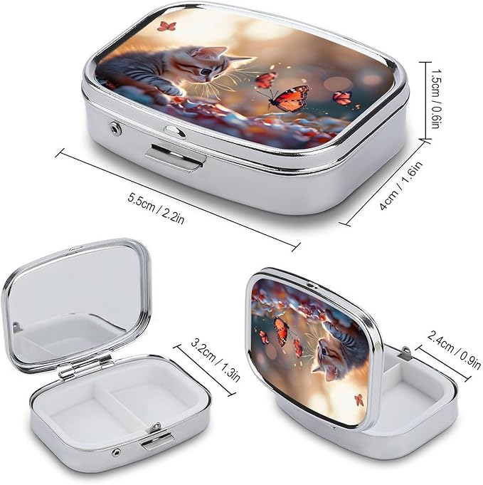 Kitten with Butterfly Durable Metal Pill Case for Daily Use, 2 Slot Medicine Box Organizer,Leak Proof Travel Pill Container for Vitamins, Compact Pocket Medicine Holder for Seniors,Holiday Gift