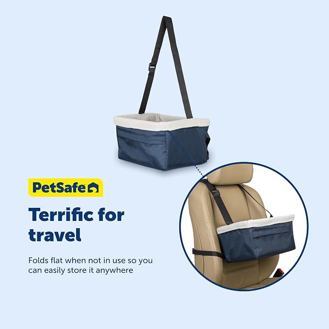 PetSafe Happy Ride Dog Booster Seat, Navy Blue, Up to 12 lb | Raises Small Dogs to Window Height In Most Cars, Connects to Seatbelt with Safety Tether, Fleece Liner Is Machine Washable