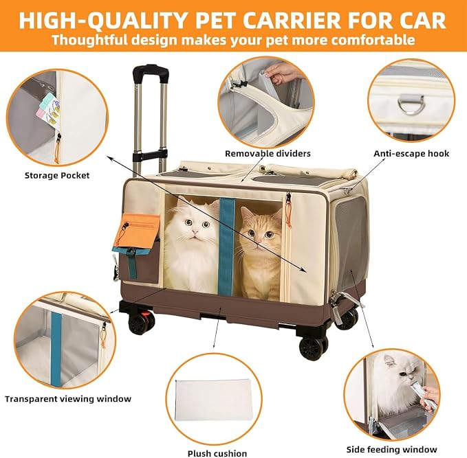 Large Cat Carrier with Wheels for 2 Cat, Double Rolling Pets Carrier on Wheel, Folding Soft-Sided Carriers with Telescopic Handle, Shoulder Strap Removable Soft-Sided Bag for Car, Vet, Outing