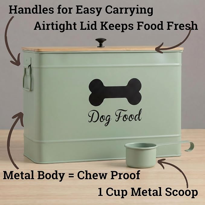 Metal Dog Food Container 15-20 lbs w/ Airtight Bamboo Lid, 70 Cup Capacity | Pet Jar For Dogs up to 100lbs, Airtight Bamboo Lid, Sturdy Comfortable Metal Handle, Powder Coated Iron, Kibble Storage Bin