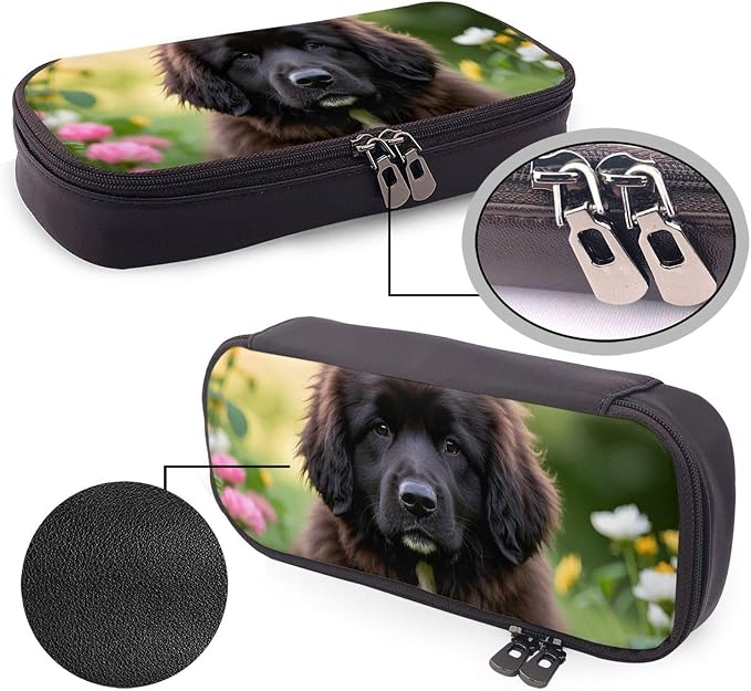 Leather Pen Case with Zipper - Aesthetic Pen Holder Cute Pet Newfoundland Dog Pencil Case for Women & Men - Handcrafted Pencil Bag Multi-Functional Travel Cosmetic Case for Work Office Tool Pouch